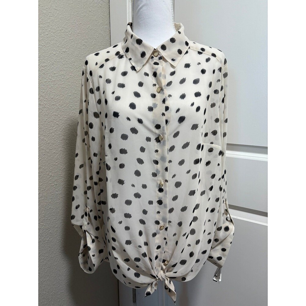 Blouse Ab Studio‎ sheer white ( cream ) leopard print NWT XL tie front